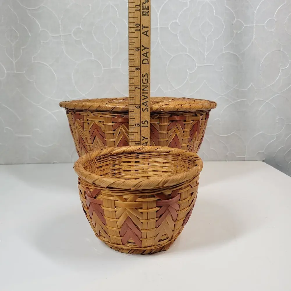 6 VTG Nesting Wicker Baskets Tan Brown Woven Chevron Boho Baskets Cottage Core